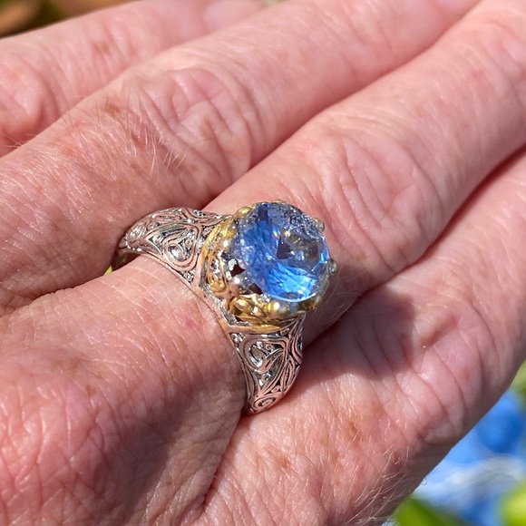 Sapphire Ring Sterling Silver & 14K Gold Filigree Estate Vintage - Picture 11 of 15